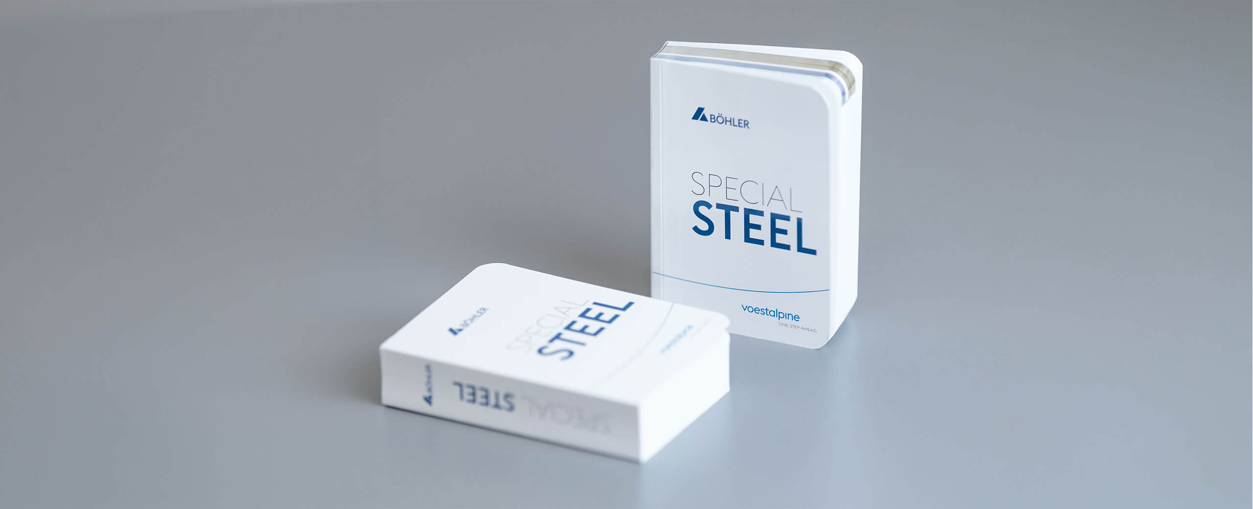 Auf einer grauen Fläche liegen zwei weiße Broschüren mit dem Titel „SPECIAL STEEL“. Eine Broschüre steht aufrecht und ist aufgeschlagen, während die andere geschlossen und flach daliegt. Beide zeichnen sich durch ein minimalistisches Design in Blau und Grau aus, das den Fokus auf Qualität und Service widerspiegelt.